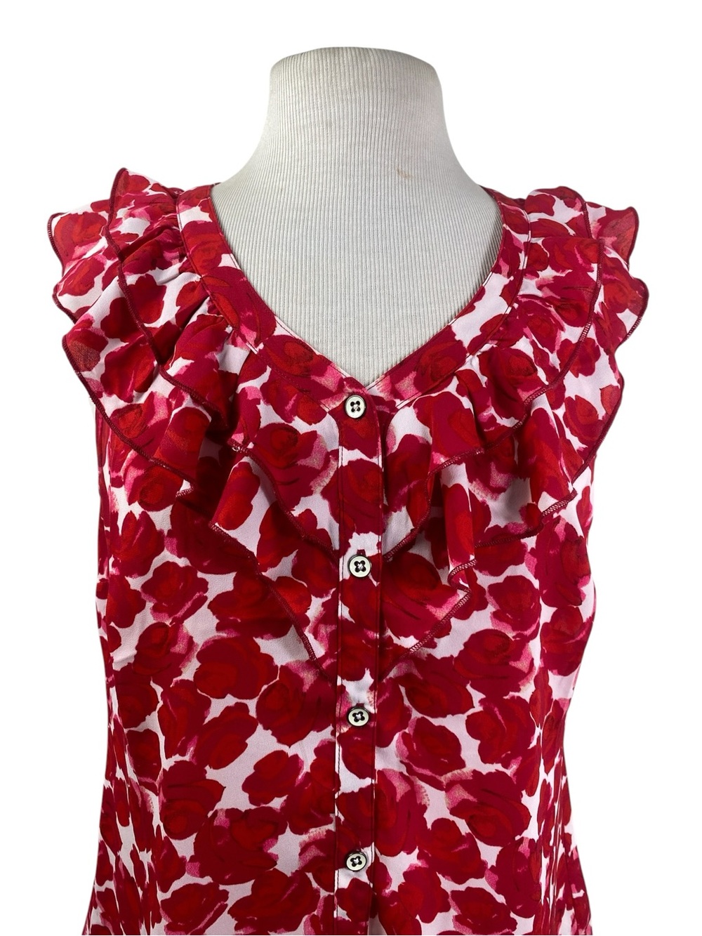 CAbi Red & White Floral Ruffle Button-Front Sleeveless Top - Picture 2 of 6